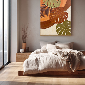 Vibrant Tropical Monstera Palm Leaf Wall Art with Warm Orange Brown Beige Green Tones, Thick Textured Impasto Knife Marks, Modern Botanical Decor for Living Room Bedroom Office Dining Room Hallway