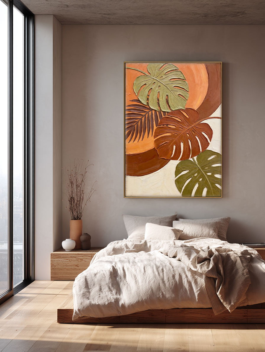 Vibrant Tropical Monstera Palm Leaf Wall Art with Warm Orange Brown Beige Green Tones, Thick Textured Impasto Knife Marks, Modern Botanical Decor for Living Room Bedroom Office Dining Room Hallway