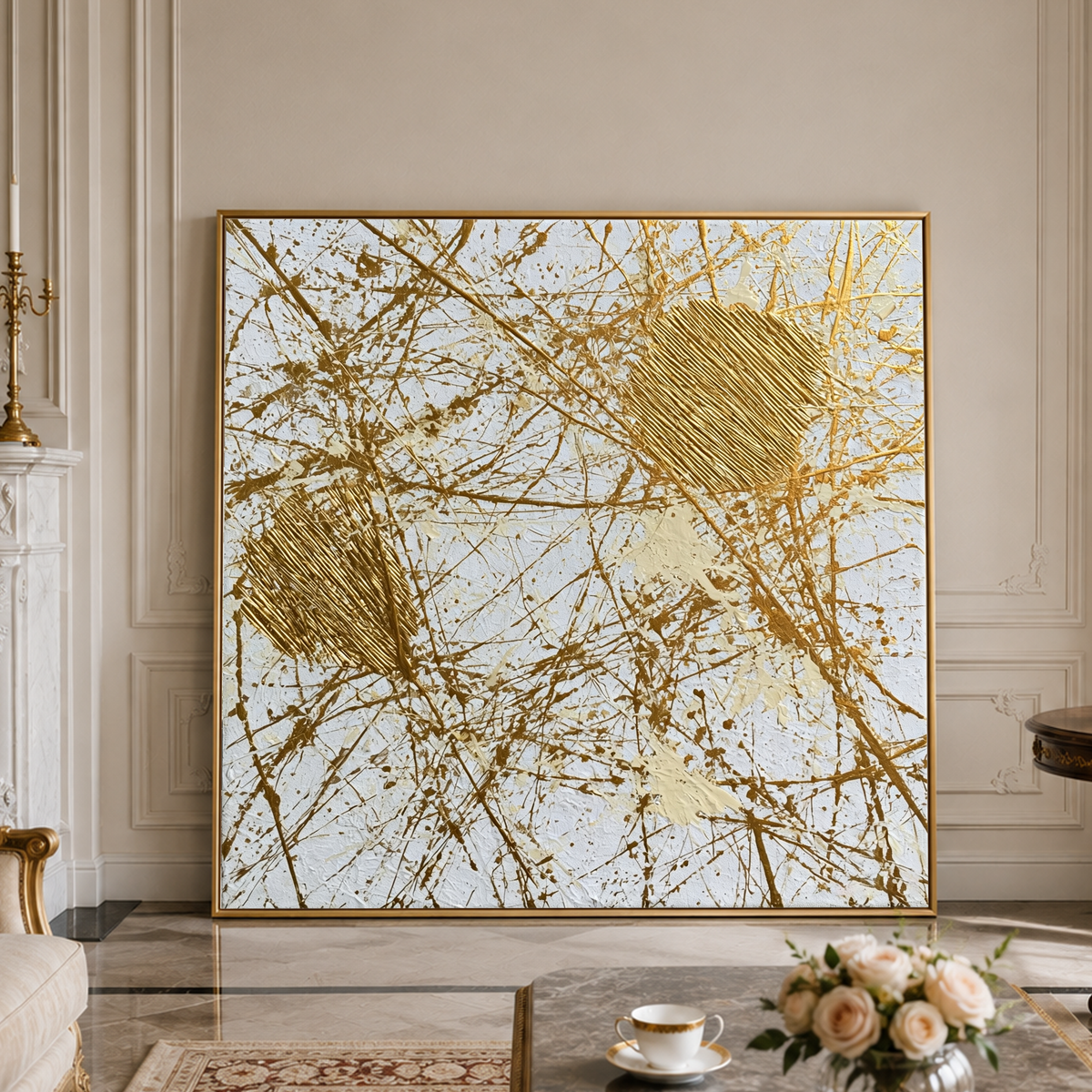 Elegant Gold and White Abstract Textured Wall Art - Modern Minimalist Impasto Painting with Thick Knife Marks, Perfect for Contemporary Living Room, Bedroom, Dining Room, Hallway, Office Interior Design