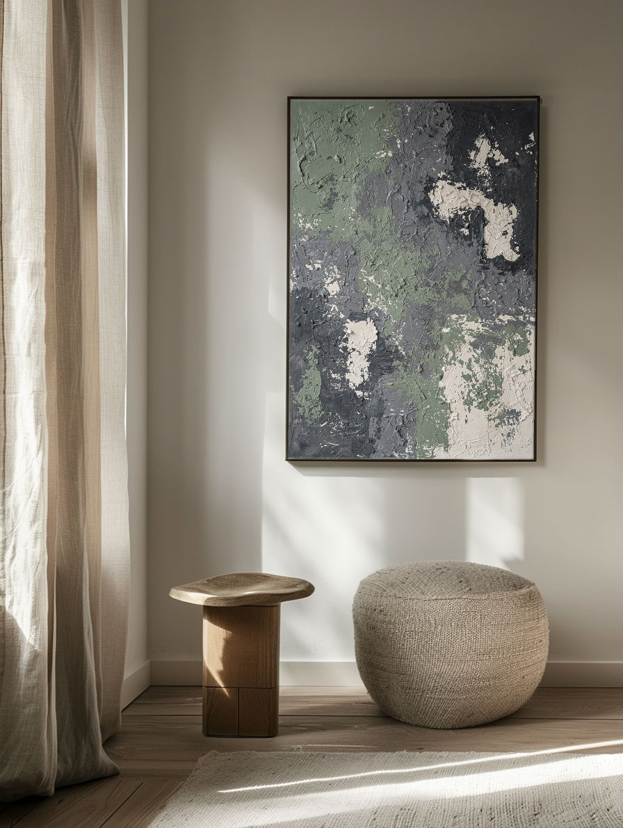 Abstract Textured Dark Green, Medium Grey, White & Beige Thick Impasto Wall Art Modern Muted Non-Representational Decor for Contemporary Home Office Hallway Dining Bedroom Living Room Spaces