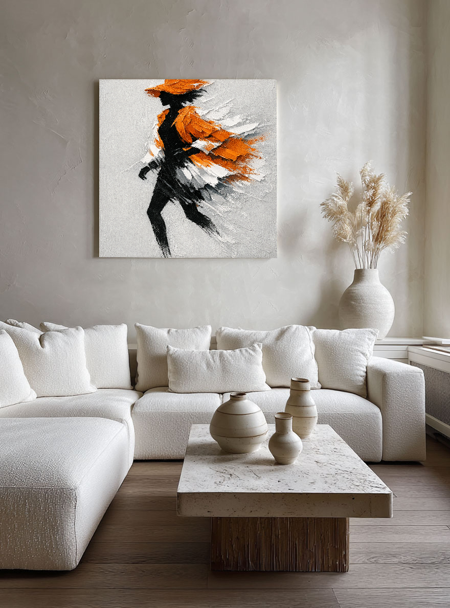 Modern Framed Black Silhouette Woman Portrait Wall Art with Thick Orange White Light Grey Impasto Brush Strokes, Elegant Abstract Textured Painting for Home Decor, Living Room Bedroom Office Accent Piece, Handcrafted 3D-Like Effect