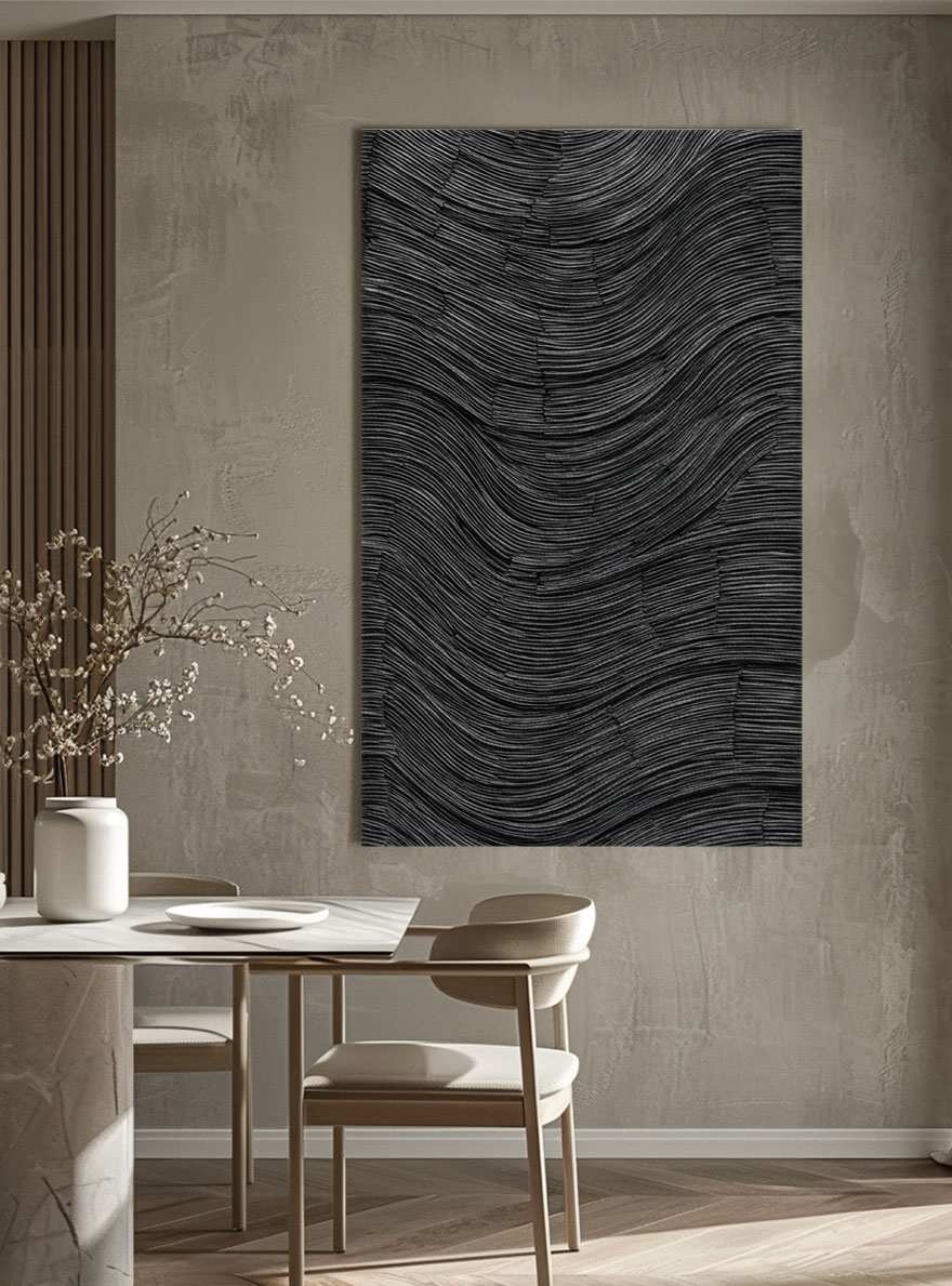 Modern Minimalist Dark Grey Black Abstract Textured 3D Relief Wave Line Wall Art for Office Hallway Living Room Bedroom Dining Room