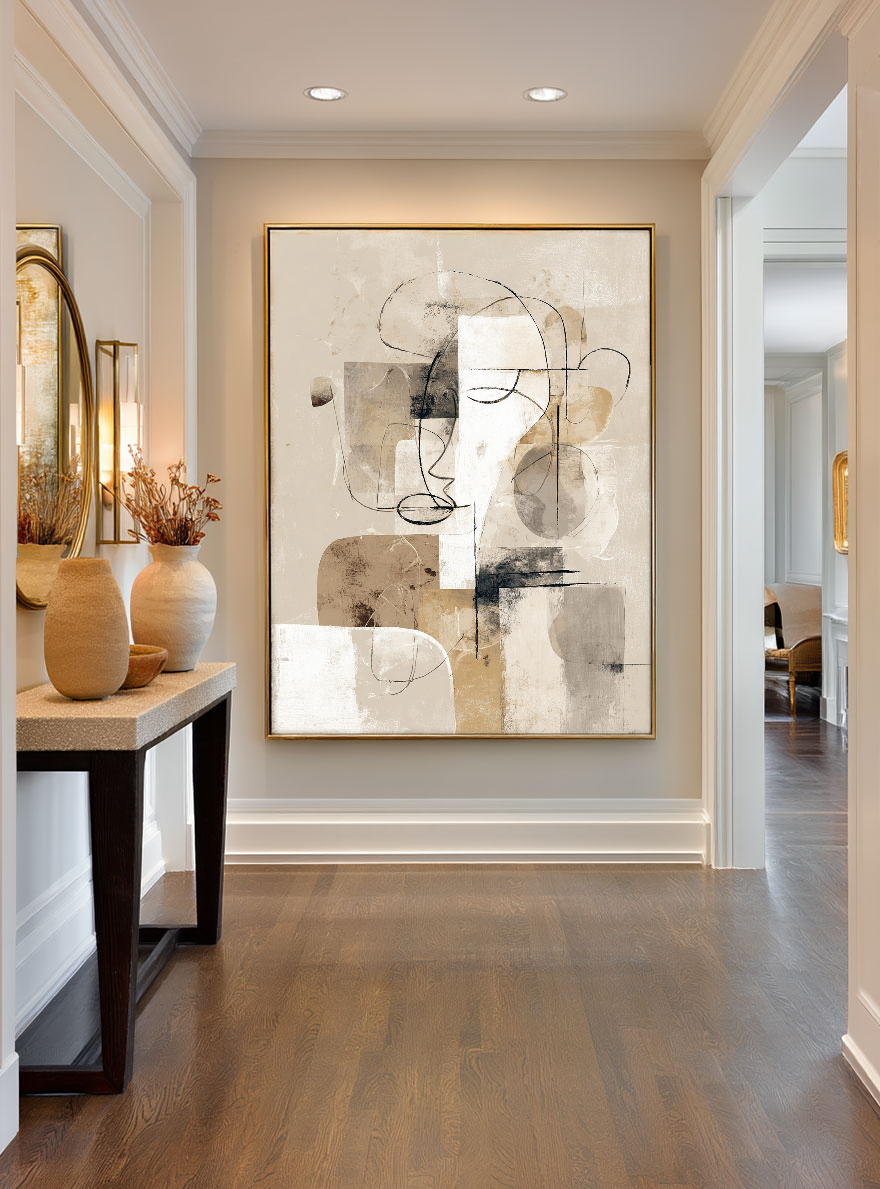 Modern Abstract Neutral Geometry & Lines Textured Canvas Wall Art Beige White Brown Black Subtle Line Drawings Soft Block Shapes Minimalist Home Decor for Living Room Bedroom Office Dining Room Hallway