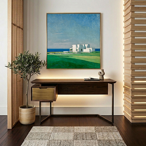 Coastal Minimalist White Villa Landscape Wall Art Blue Ocean Green Lawn Canvas Decor for Modern Home Living Room Bedroom Office