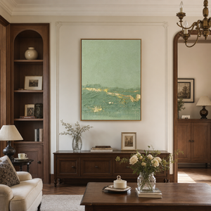 Textured Abstract Sage Green And Gold Vertical Acrylic-Style Wall Art For Living Room