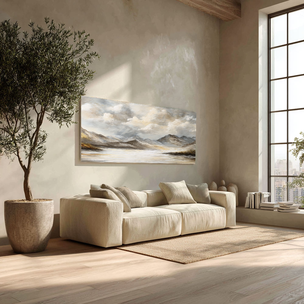 Large Framed Neutral Mountain Lake Landscape Wall Art Cloudy Sky Nature Scenery Canvas Textured Abstracted Earthy Tones Wall Decor for Modern Living Room Bedroom Dining Room Office Hallway