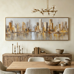 Abstract Modern Urban Cityscape Skyline Wall Art Gold and Grey Textured Panoramic Canvas Painting with River Reflection Elegant Minimalist Decor for Living Room Office Hallway Bedroom Dining Room