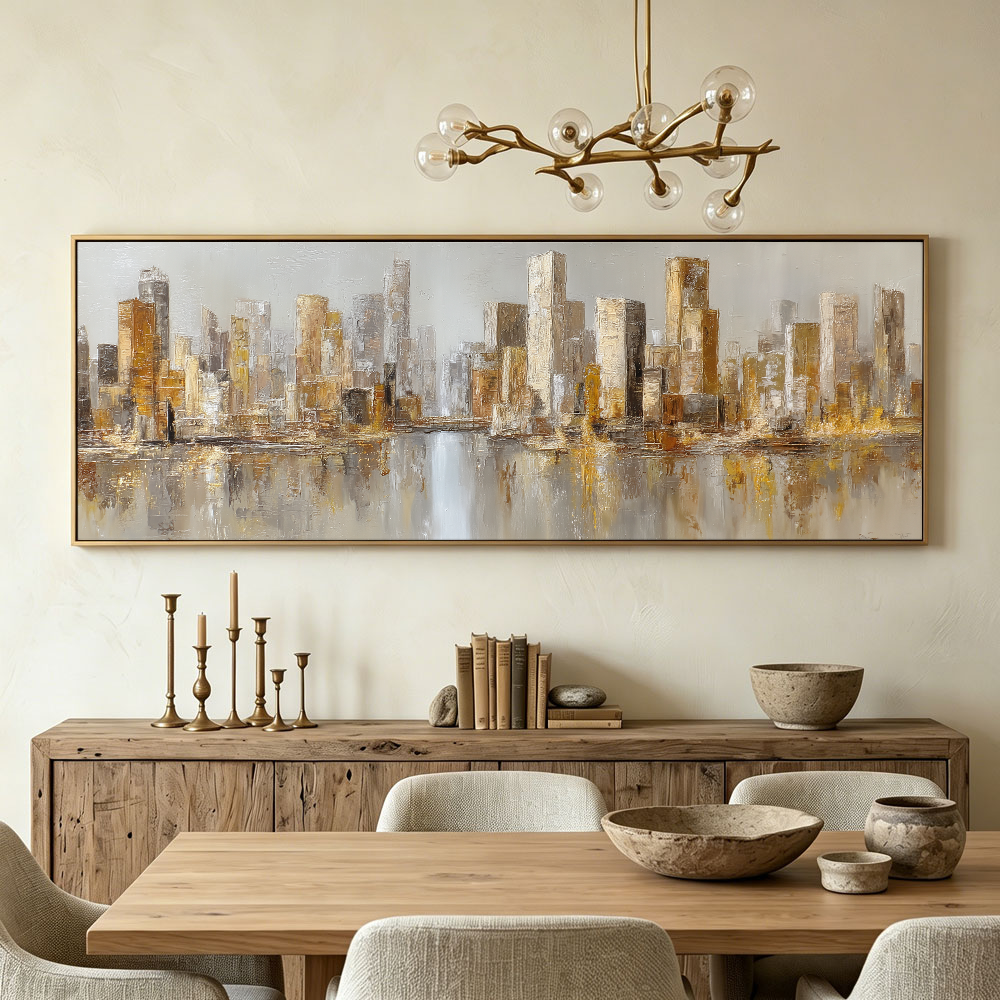 Abstract Modern Urban Cityscape Skyline Wall Art Gold and Grey Textured Panoramic Canvas Painting with River Reflection Elegant Minimalist Decor for Living Room Office Hallway Bedroom Dining Room