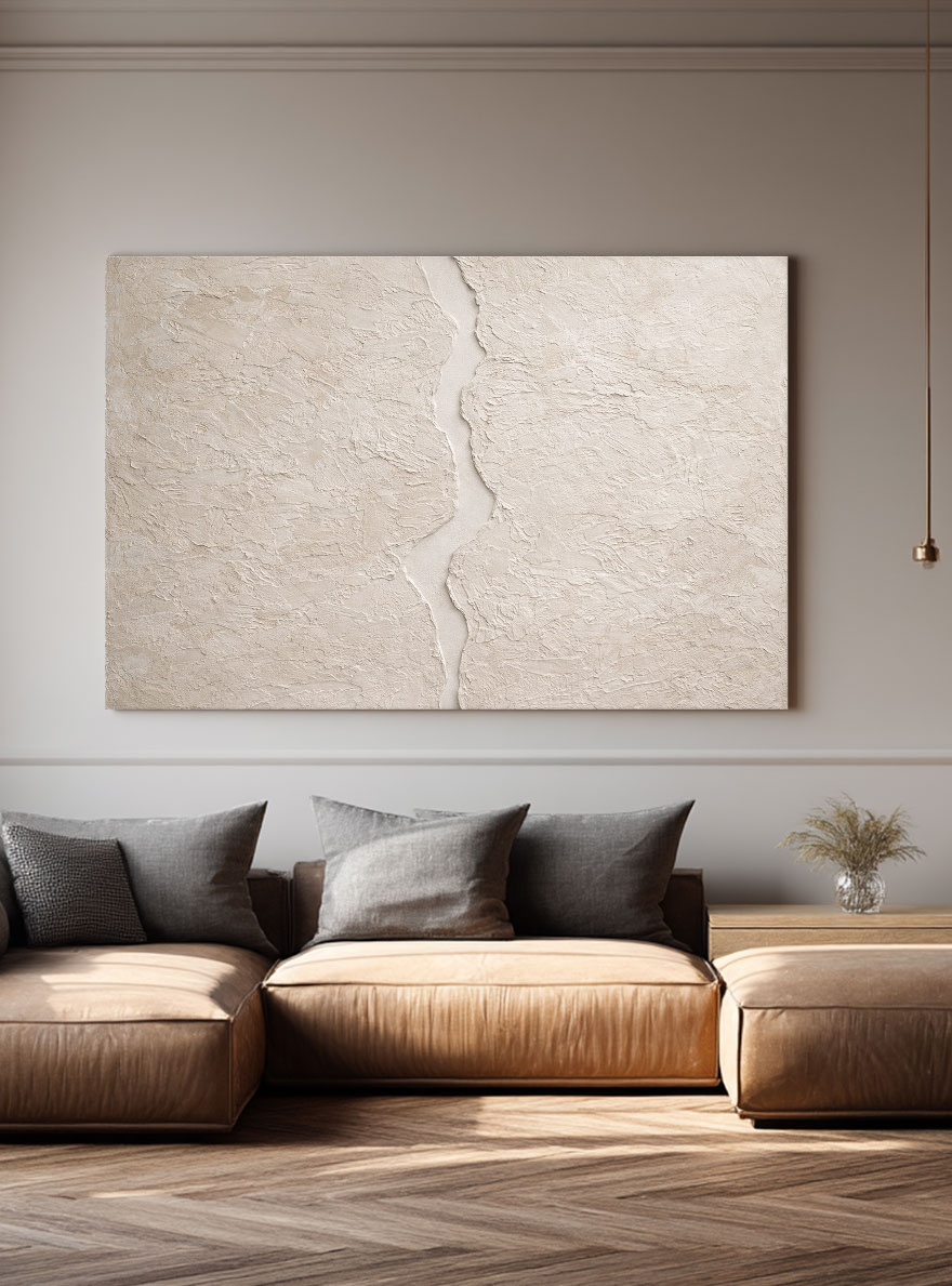 Minimalist Neutral Beige Abstract Textured Wall Art Handcrafted Plaster-Like Trowel Marks Asymmetrical Fissure Modern Wabi-Sabi-Inspired Canvas Decor for Living Room Bedroom Dining Room Hallway Office Soft Earthy Tones Calming Artwork