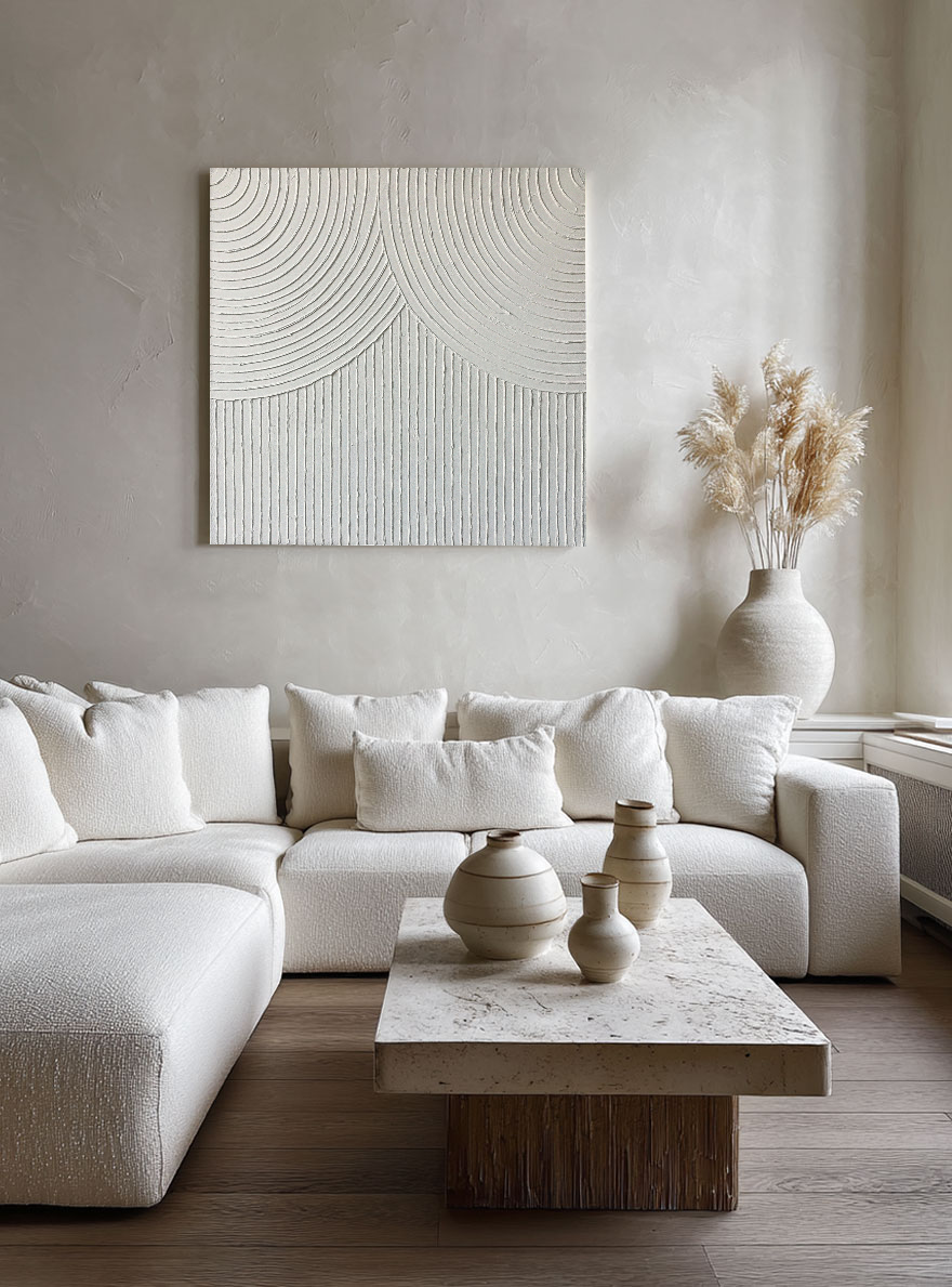 Minimalist White Abstract Geometric Lines Textured Wall Art Framed Square Modern Decor for Neutral Spaces