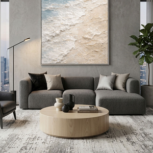 Thick Impasto Ocean and Sky Beach Textured Wall Art, Abstract Coastal Painting with Blue, White, Beige Waves, Calm Modern Framed Seascape Artwork for Living Room Bedroom Office Hallway Dining Room