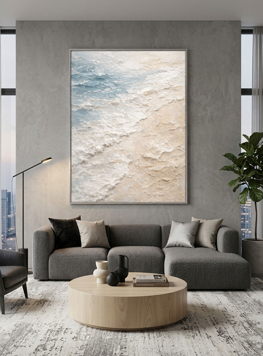 Thick Impasto Ocean and Sky Beach Textured Wall Art, Abstract Coastal Painting with Blue, White, Beige Waves, Calm Modern Framed Seascape Artwork for Living Room Bedroom Office Hallway Dining Room