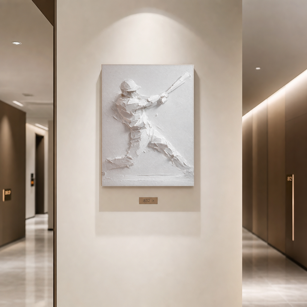 Sport Baseball Player White Textured 3D Relief Plaster-style Vertical Wall Art for Living Room