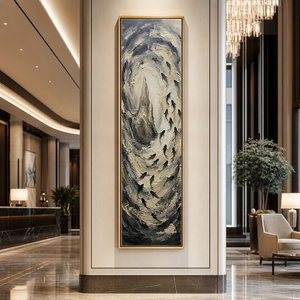 Monochrome Textured Swirling Black Beige Dark Grey Impasto Abstract Vertical Framed Wall Art with Silhouetted Fish School Motifs – Muted Elegant Decor for Contemporary Home or Office Spaces