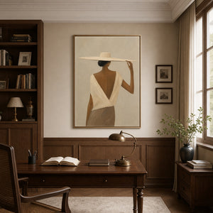 Elegant Silhouette of Woman with Wide-Brimmed Hat in a classic wooden office