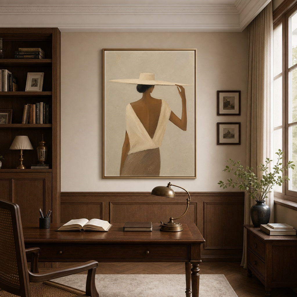 Elegant Silhouette of Woman with Wide-Brimmed Hat in a classic wooden office