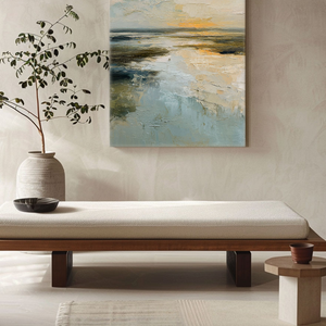 Abstract Textured Ocean and Sky Coastal Sunset Landscape Impasto Framed Canvas Wall Art – Soft Blue Beige Brown Yellow Hues for Contemporary Home Office Decor