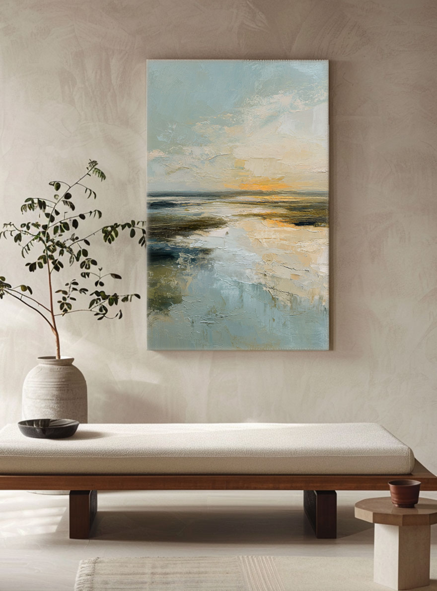 Abstract Textured Ocean and Sky Coastal Sunset Landscape Impasto Framed Canvas Wall Art – Soft Blue Beige Brown Yellow Hues for Contemporary Home Office Decor