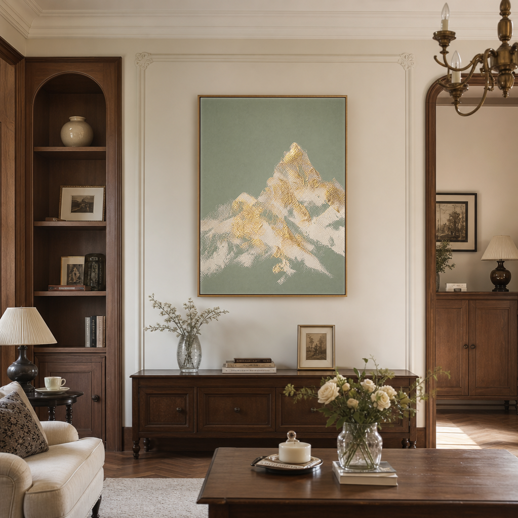 Abstract Textured Sage Green Gold Beige Landscape Vertical Wall Art for Living Room