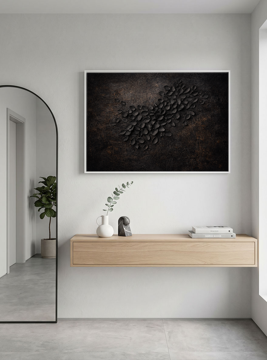 Dark Aesthetic 3D Textured Floral Relief Wall Art with Black Overlapping Petal Sculptures and Aged Worn Brown Earthy Base, Moody Monochrome Botanical Decor for Minimalist Modern Industrial Living Space