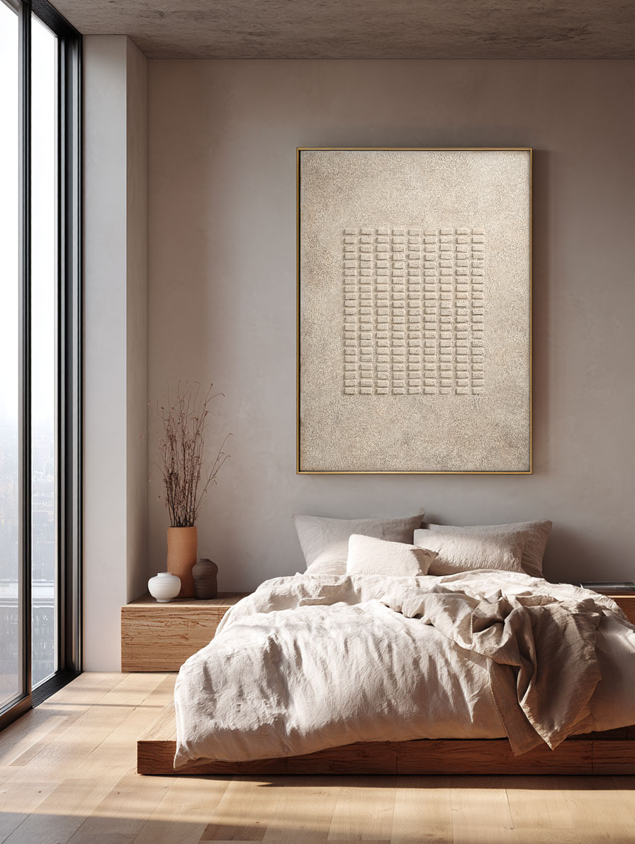 Modern Minimalist Neutral Beige 3D Textured Geometric Lines Plaster Wall Art, Abstract Rectangular Grid Pattern Wabi Sabi Alternative Soft Tone Wall Decor for Calm Spaces