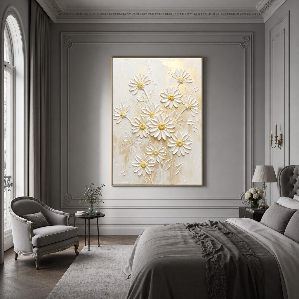 White and Gold Daisy Flower 3D Relief Textured Vertical Wall Art for Living Room