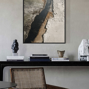 Minimalist Abstract Textured Riverbed Landscape Wabi Sabi Style Framed Canvas Wall Art, Thick Impasto Paint with Knife Marks, Neutral Tone Decor for Modern Home & Office