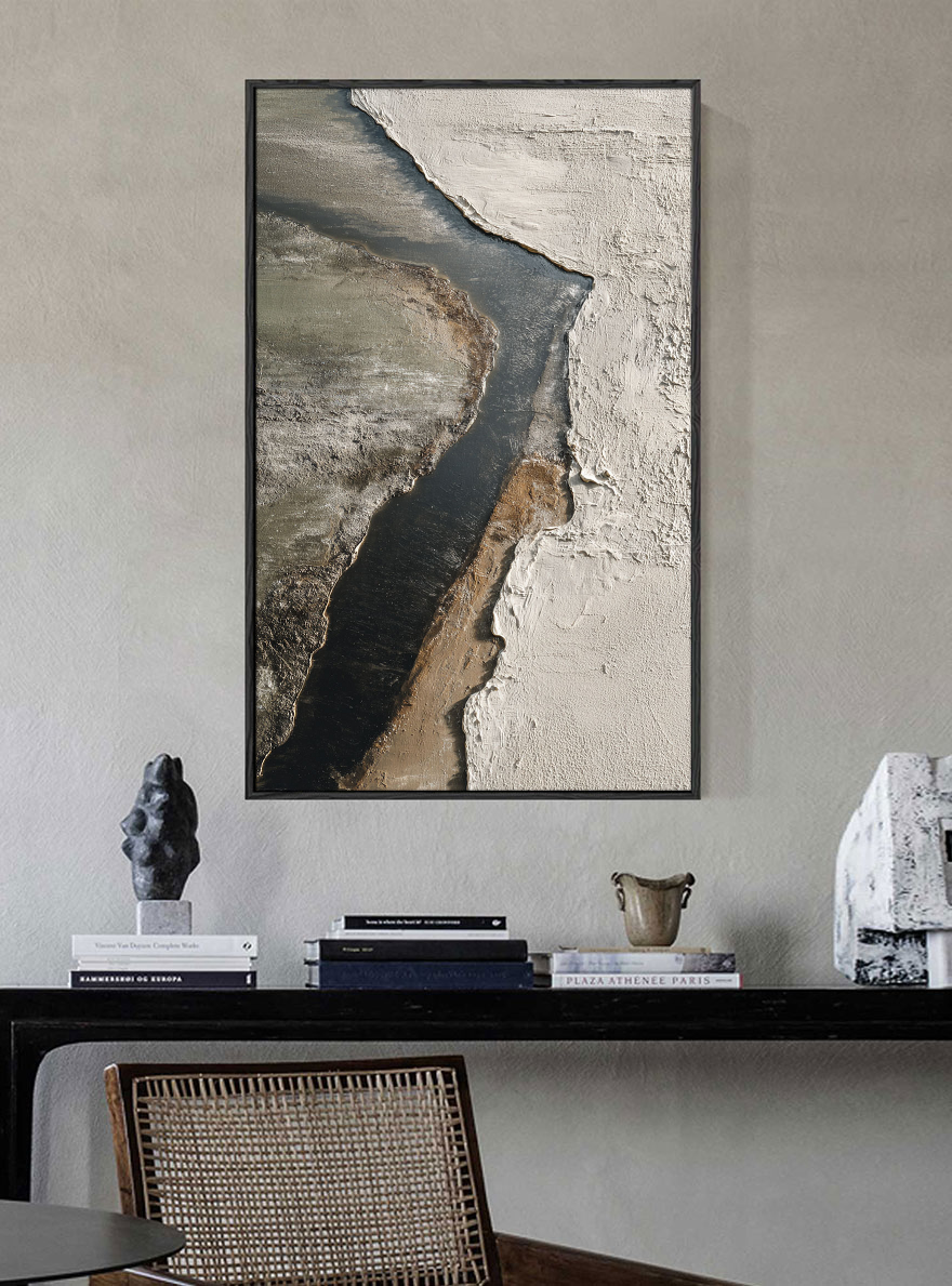 Minimalist Abstract Textured Riverbed Landscape Wabi Sabi Style Framed Canvas Wall Art, Thick Impasto Paint with Knife Marks, Neutral Tone Decor for Modern Home & Office