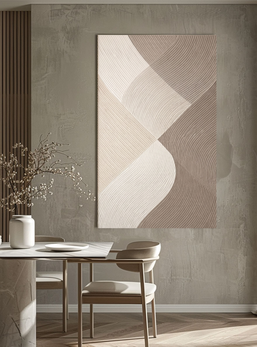 Modern Minimalist Abstract Curved Waves Neutral Beige Brown White Textured Framed Wall Art, Elegant Handcrafted Geometric Line Painting for Contemporary Home Decor