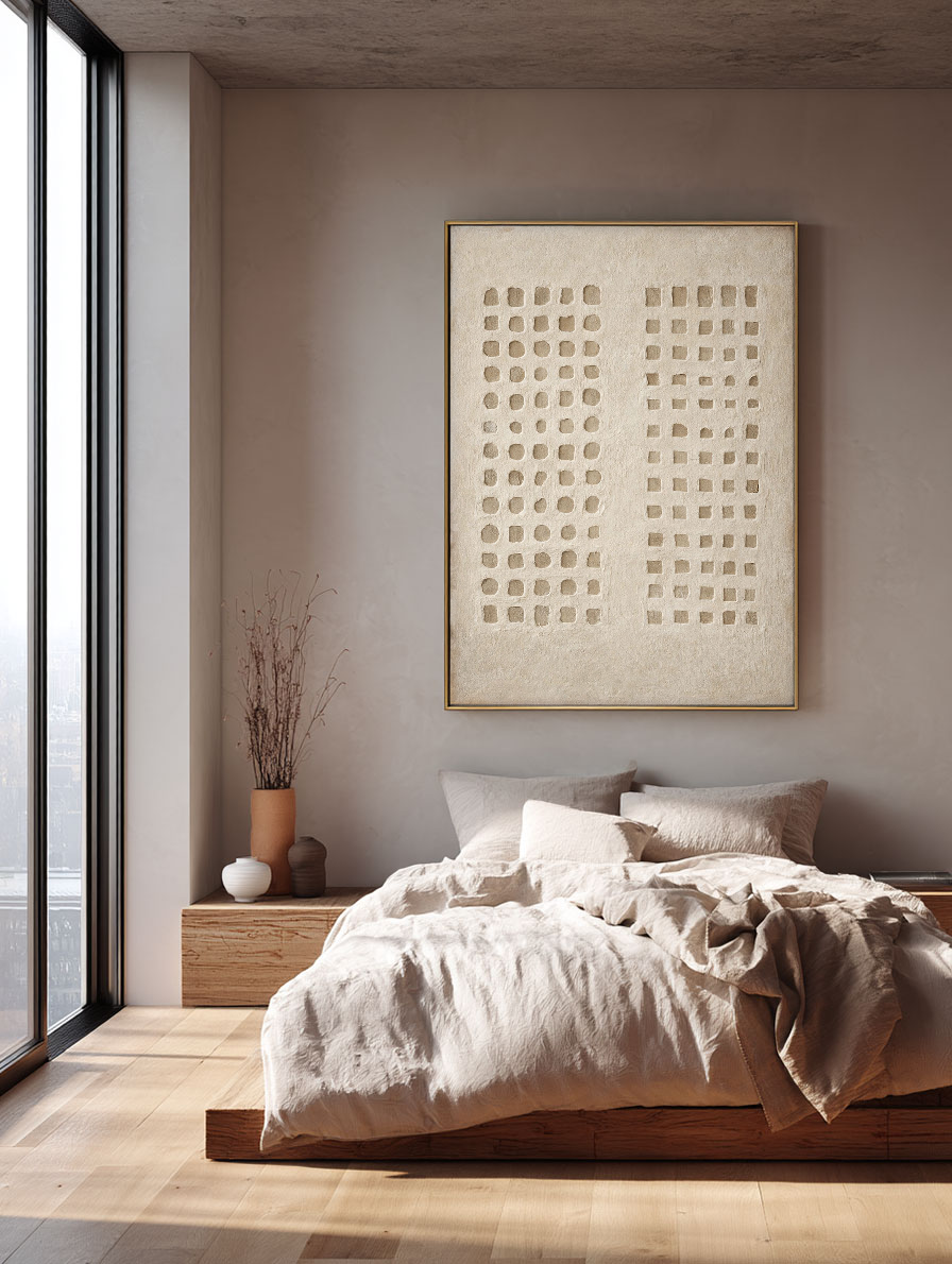 Minimalist Neutral Asymmetrical Geometric Relief Wabi Sabi Plaster Wall Art, Beige Base with Soft Muted Light Medium Grey Imperfect Circles Squares Blocks, Modern Subtle Textured Abstract Decor for Calm Spaces