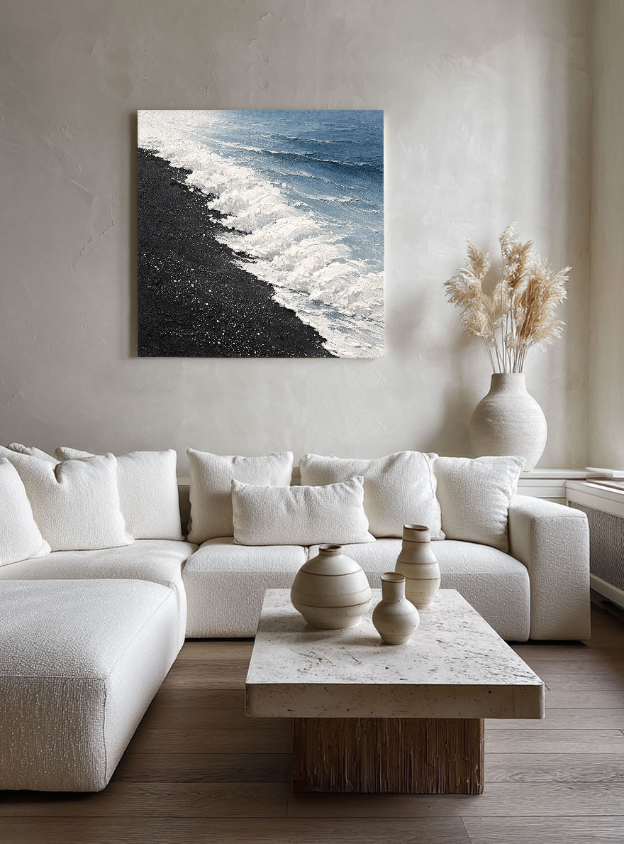 Black Sand Beach Ocean Wave Textured Coastal Landscape Wall Art Abstract Thick Paint Impasto Framed Artwork for Living Room Bedroom