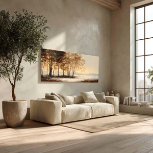 Beige Landscape Wall Art - Misty Forest and Quiet Lake Panoramic Painting