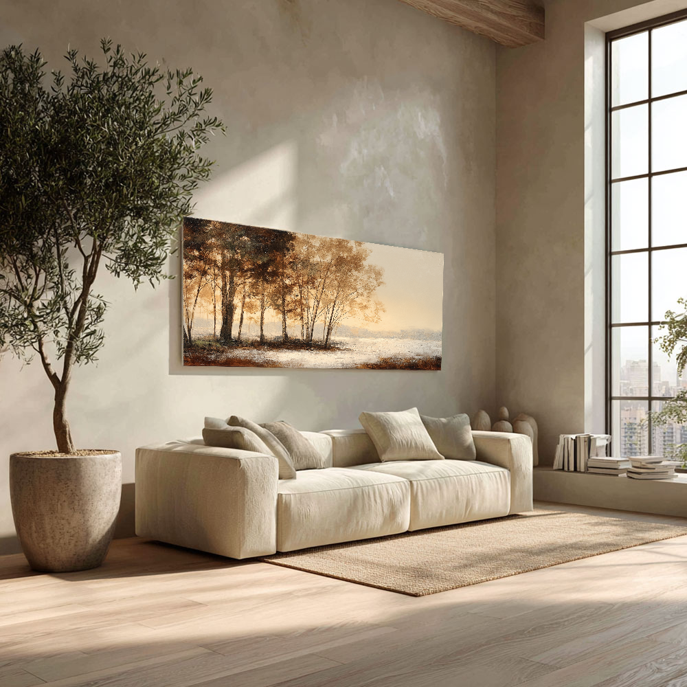 Beige Landscape Wall Art - Misty Forest and Quiet Lake Panoramic Painting