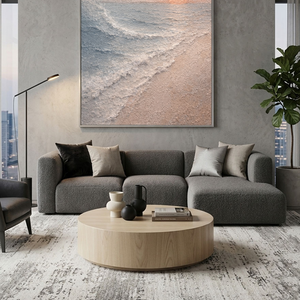 Textured Ocean Sunset Coastal Wall Art, Thick Impasto Painting for Modern Home Decor, Calm Beach Landscape with Beige Sand Blue Ocean White Waves and Soft Orange Sun, Warm Minimalist Coastal Artwork