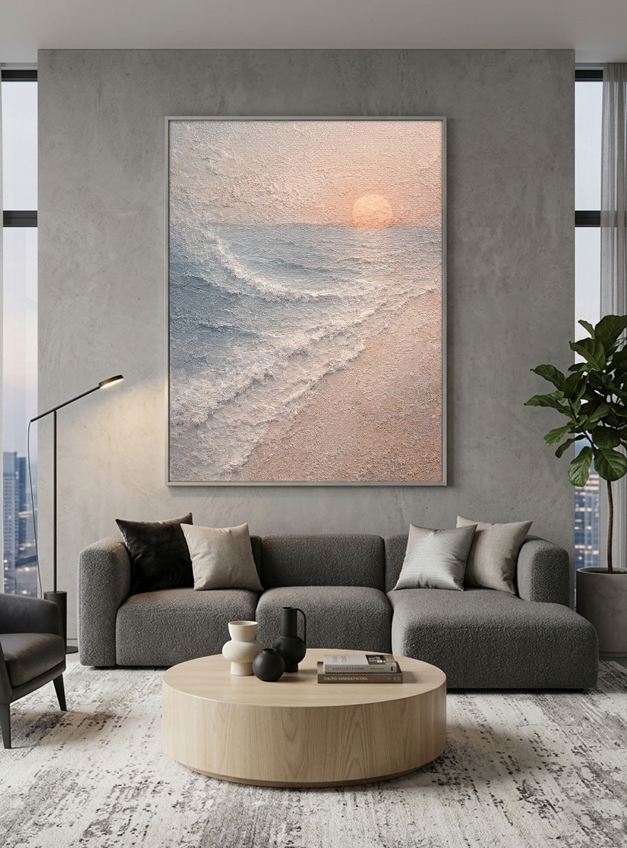 Textured Ocean Sunset Coastal Wall Art, Thick Impasto Painting for Modern Home Decor, Calm Beach Landscape with Beige Sand Blue Ocean White Waves and Soft Orange Sun, Warm Minimalist Coastal Artwork