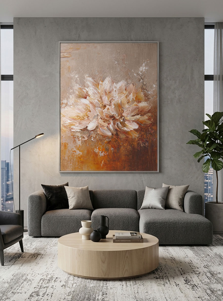 Elegant Vintage Soft Pink Beige Brown Floral Textured Wall Art, Muted Impasto Flower Bouquet Canvas Artwork for Cozy Home Decor, Perfect for Living Room Bedroom Dining Room Hallway Office