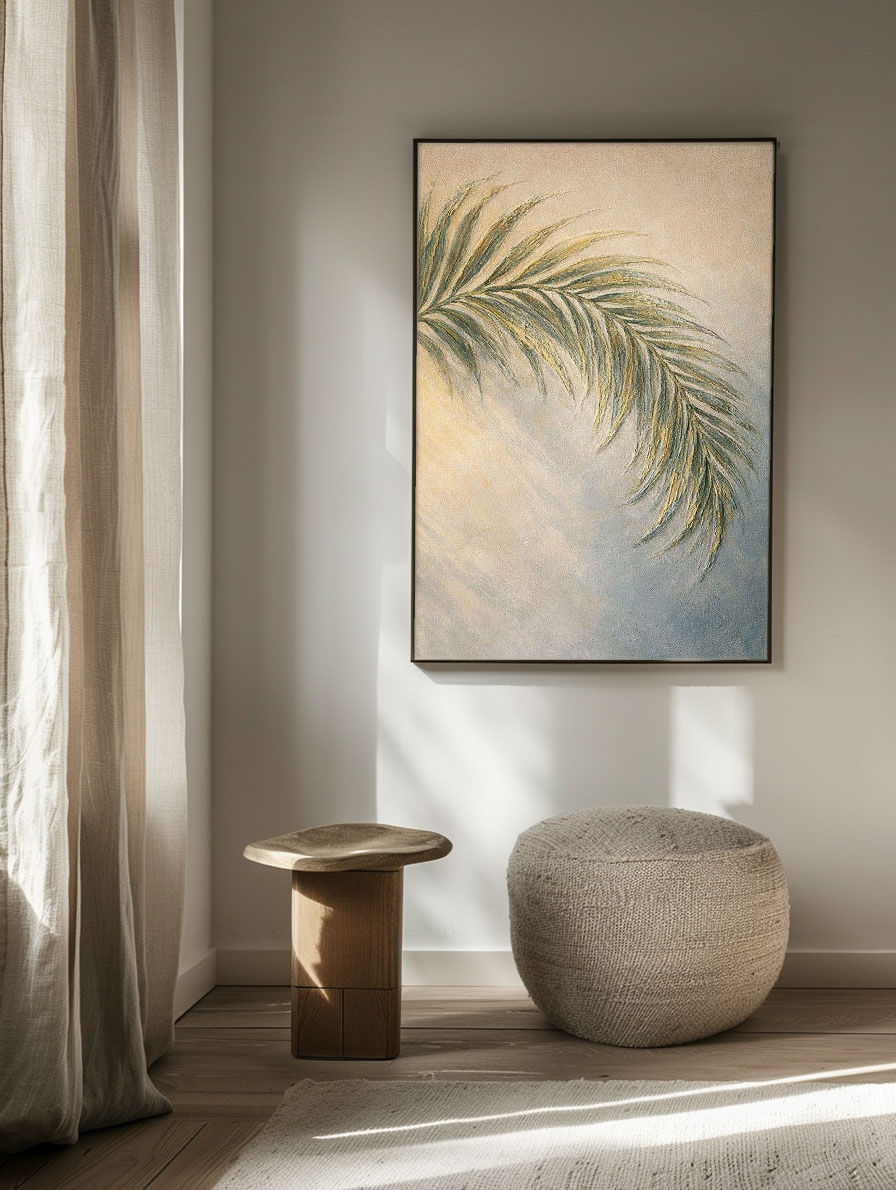 Minimalist Soft Muted Green Beige Palm Leaf Textured Framed Canvas Wall Art for Tranquil Home Decor