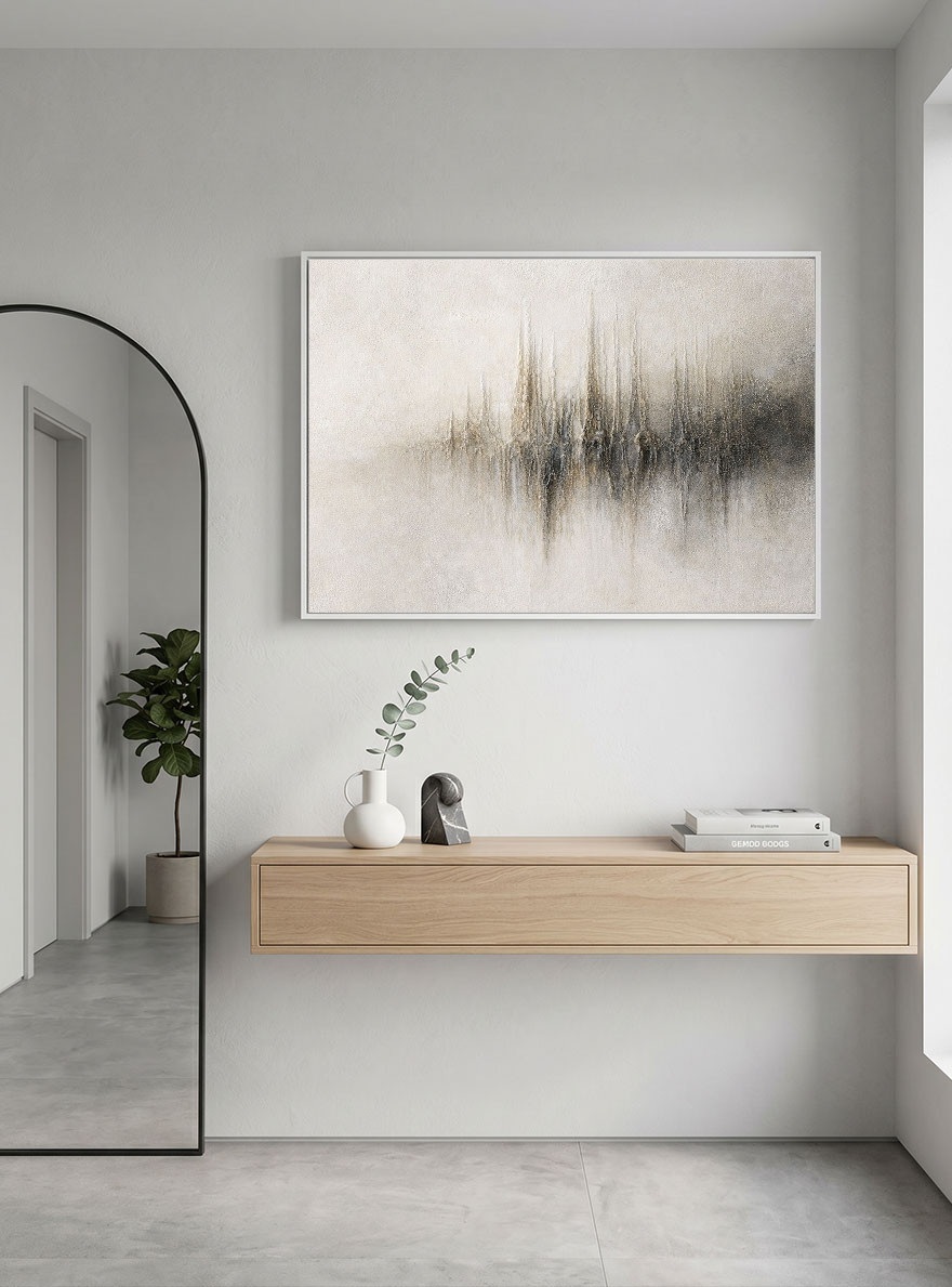 Abstract Beige Skyline Textured Canvas Painting - Hand-Painted Central Ridge Art