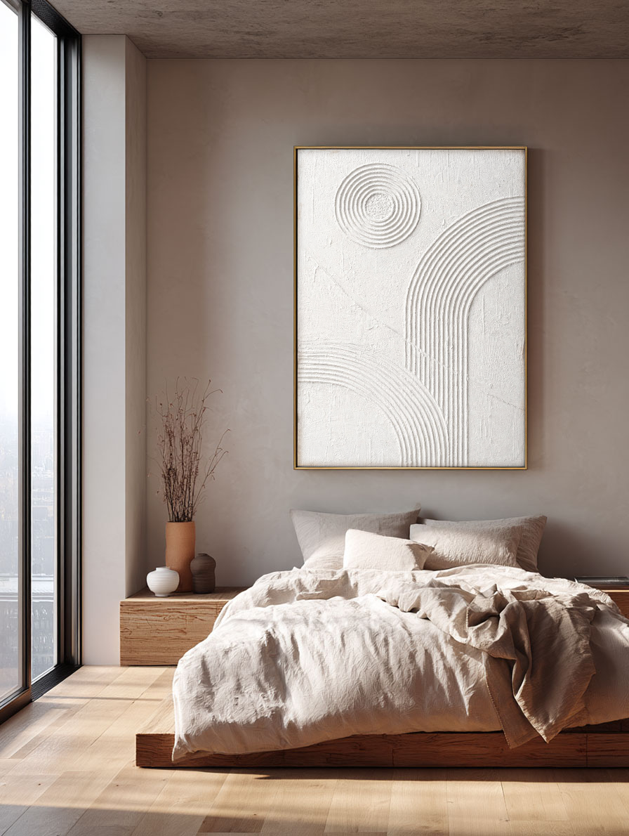 Minimalist White Textured Abstract Geometry and Lines Wall Art, Neutral Asymmetrical Relief Artwork for Modern Home & Office Decor, Wabi Sabi Inspired Plaster Wall Hanging for Living Room Bedroom Dining Room Hallway