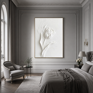 White Minimalist Textured Flower Vertical Wall Art with Plaster Texture for Bedroom and Living Room