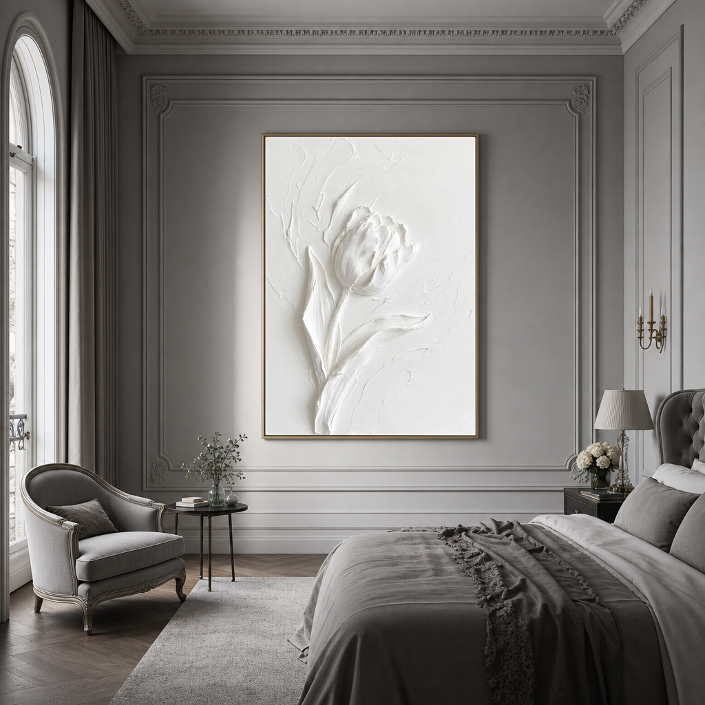 White Minimalist Textured Flower Vertical Wall Art with Plaster Texture for Bedroom and Living Room