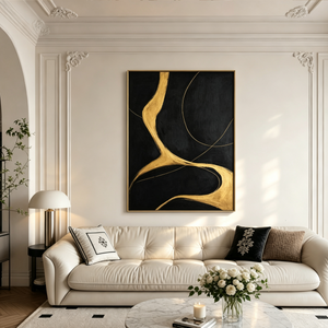 Black White Gold Abstract Impasto Textured Wall Art Modern Elegant Minimalist Bold Brushwork Large Canvas Painting for Contemporary Home Decor