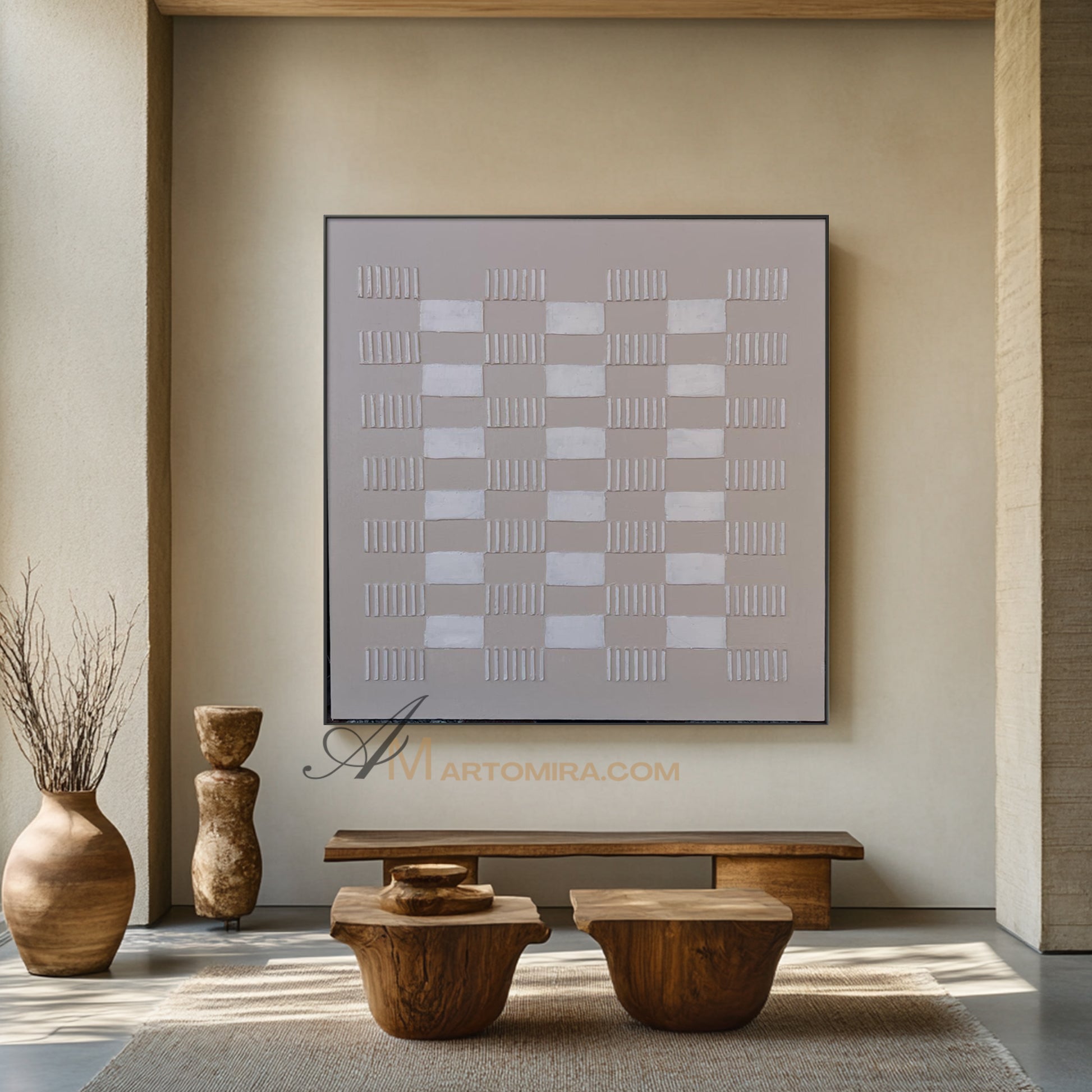 Wabi-Sabi Minimalist Textured Grid Painting | Neutral Abstract Canvas Art | Beige Geometric Wall Art | Modern Aesthetic Home Decor #WB002