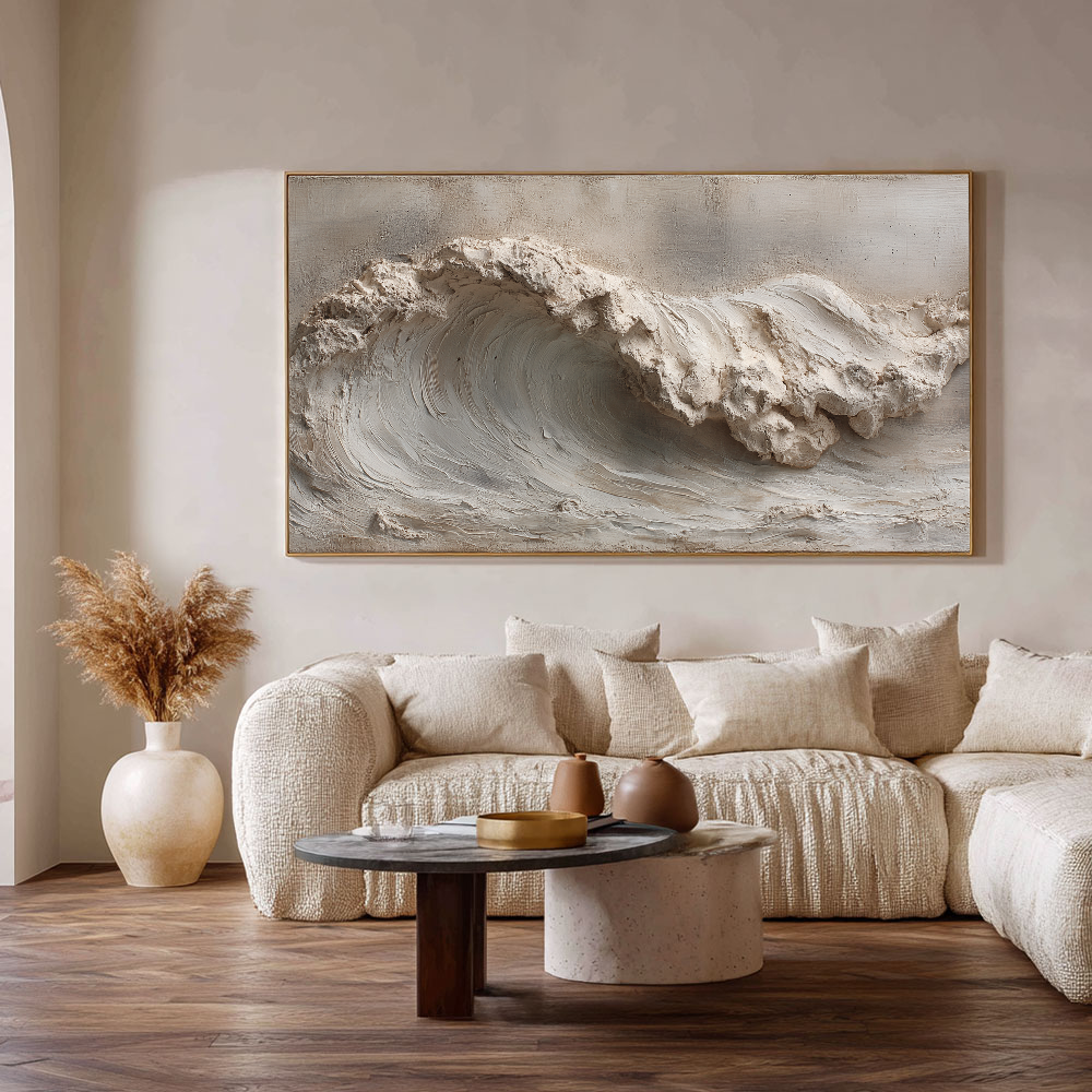 Textured Plaster 3D Relief Abstract Ocean Wave Wall Art Neutral Beige White Light Grey Modern Minimalist Wabi Sabi Stucco Decor for Living Room Bedroom Office Dining Room Hallway