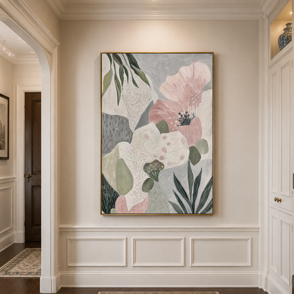 Serene Blush Bloom Abstract Impasto Painting in hallway
