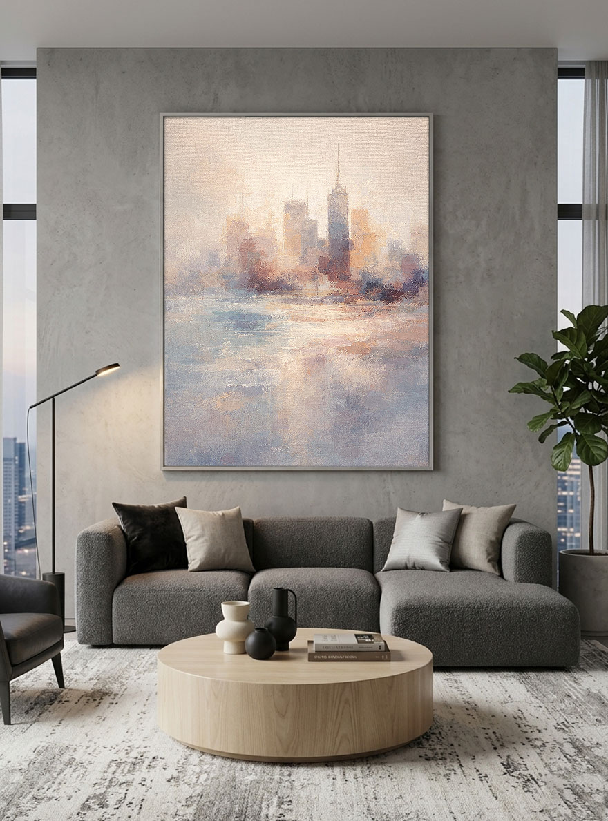 Soft Tonal Impressionist New York City Skyline with Water Reflection Vintage Wall Art for Modern Living, Bedroom, Dining, Office & Hallway Spaces