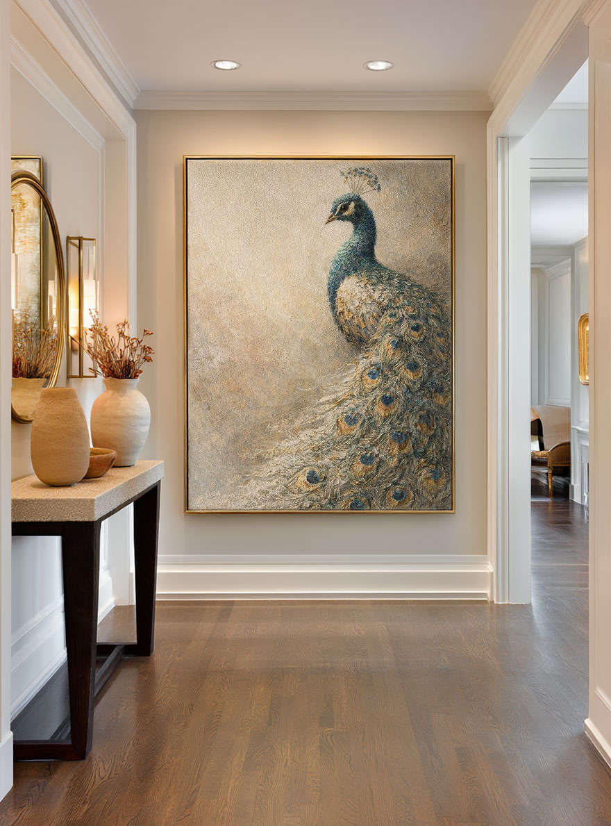 Vintage Elegant Peacock Textured Impasto Oil Painting, Muted Beige Blue Brown Green Peacock Feather Animal Wall Art for Living Room, Office, Bedroom, Dining Room, Hallway