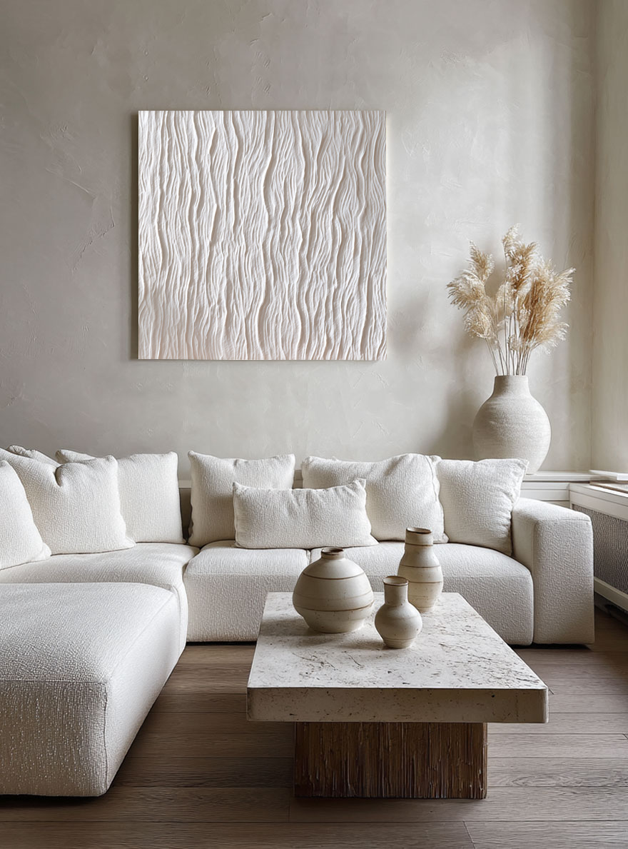 Minimalist White Organic Wavy Textured Abstract Plaster Wall Art Modern Neutral Framed Decor for Contemporary Living Room Bedroom Office Dining Room Hallway