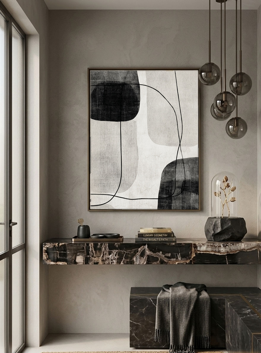 Black and White Minimalist Abstract Organic Shapes & Curved Lines Textured Canvas Wall Art for Modern Home Office Living Room Bedroom Dining Room Hallway Decor