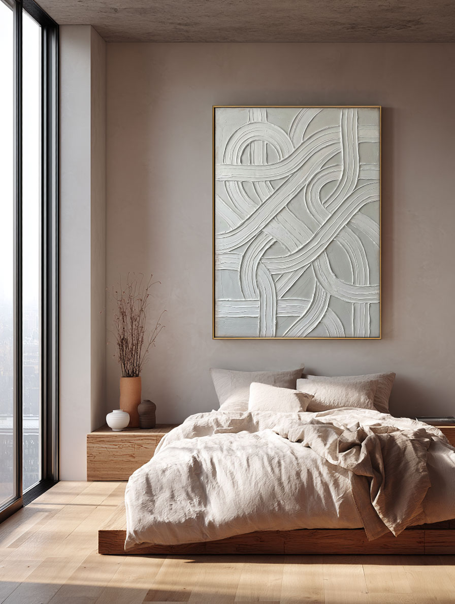Modern Minimalist Abstract White and Medium Grey Curved & Straight Line Textured Relief Wall Art for Contemporary Home & Office Decor